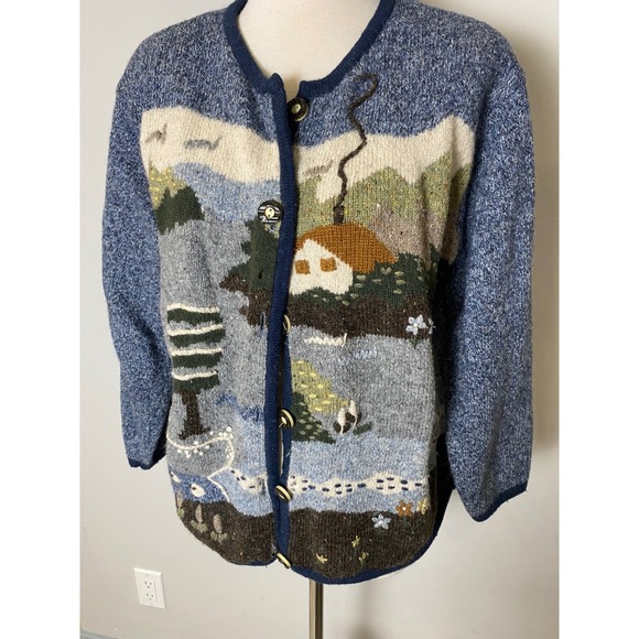 Caribbean Pacific Sweaters - Caribbean Pacific Vintage 80s 90s Scenic Cottagecore Wool Silk Cardigan Blue L